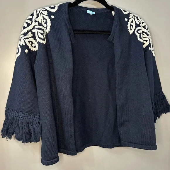 J. Mclaughlin Cardigan Navy Blue Knit Embroidered Cardigan Size Small - Picture 1 of 8